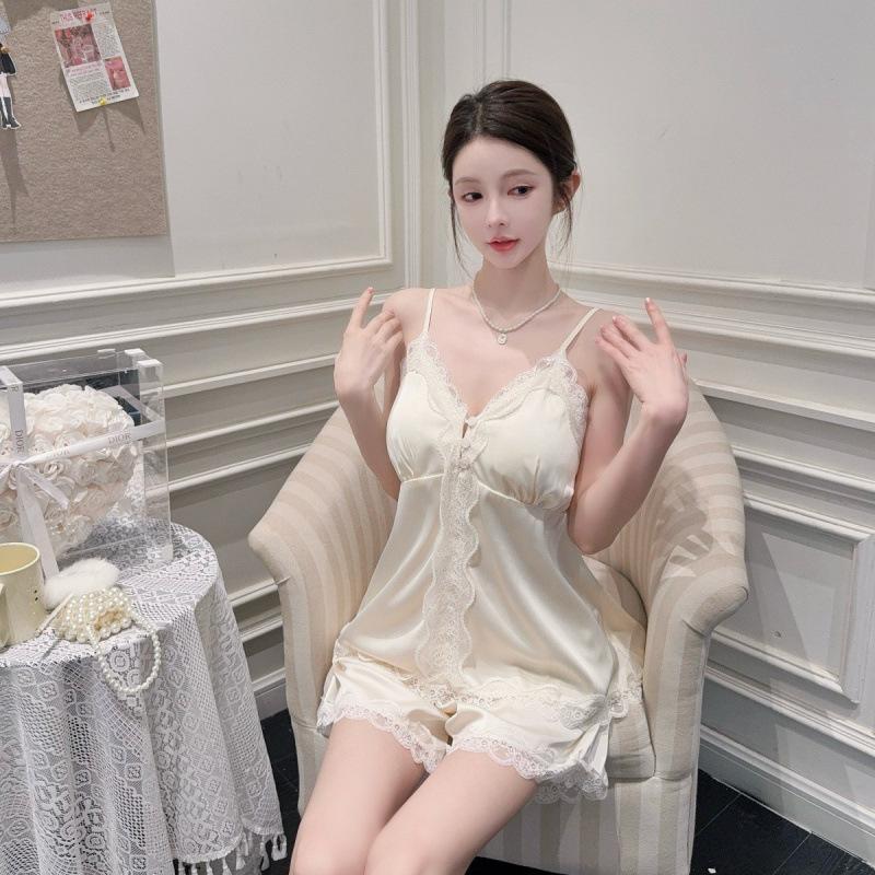 Summer sweet girl suspender shorts nightgown ice and snow silk thin lace lace pure desire wind loungewear three-piece set