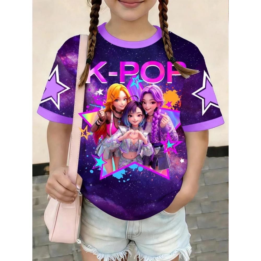 

Kpop Cartoon Graphic Girls T-Shirt Casual Round-Neck T-Shirt Suitable for Girls Kids Gift Short Sleeve Tops Children s Clothing 110