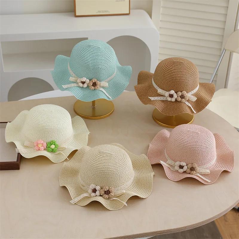 3D Flower Girls Straw Hat and Crossbody Bag Set Lace Bow Wide Brim Fisherman Cap Summer Beach Accessories for Toddler Teens