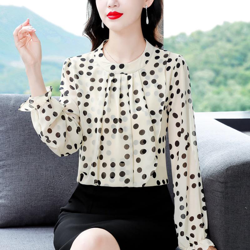 Women's Autumn 2024 Polka Dot Chiffon Blouse: Chic, Age-Reducing, Loose Fit French Top