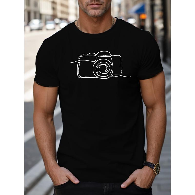 Line Camera Print T-shirt, Stylish & Breathable Street Fashion For Men, Simple Lightweight Comfy Top, Casual Crew Neck Short Sleeve T-shirt For Summer
