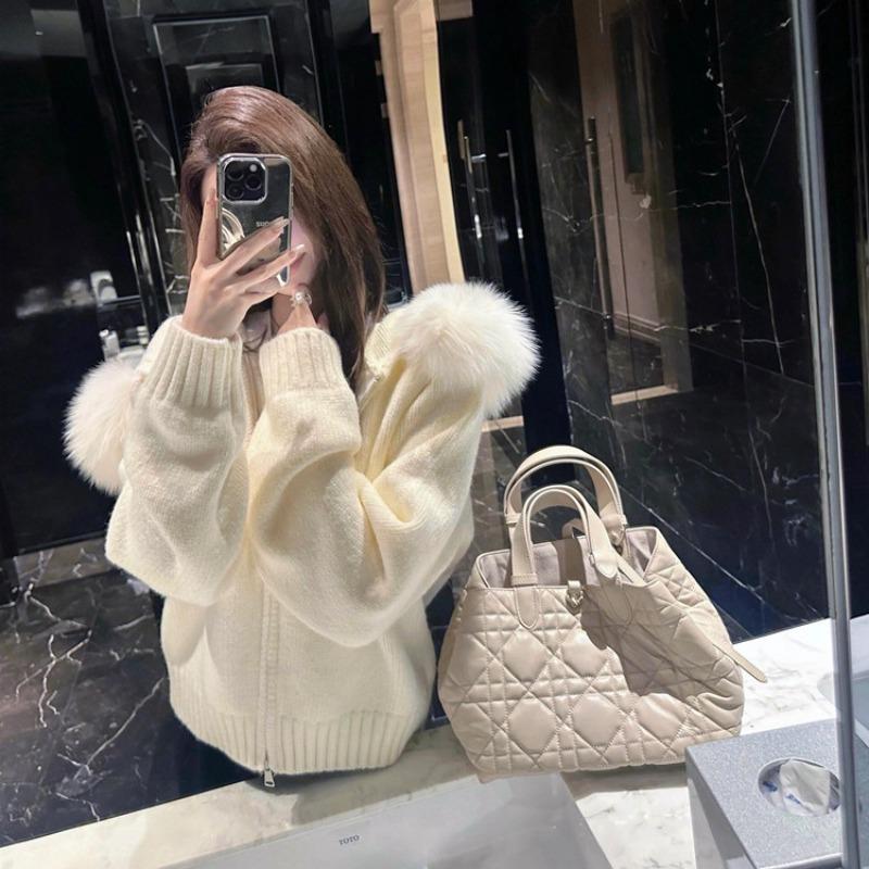 Weißer großer Pelzkragen Kapuze Fuchshaar Strickjacke Damen Herbst Winter Lässiges Gefühl Lockerer Reißverschluss Strickjacke Pullover