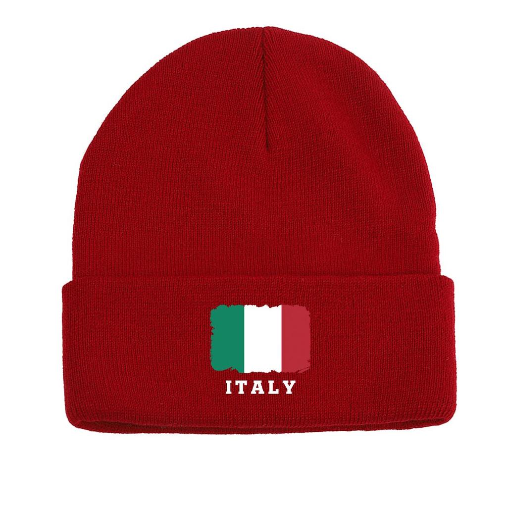 Flag of Italy Print Knit Cap Beanie, Patriotic Woman Cap Soft Stretchable Headwear Pompom Beanies Knitted Hat Beanie