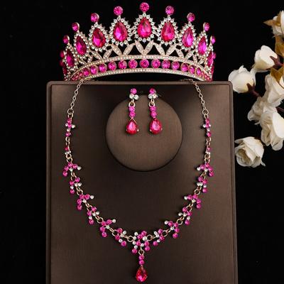DIEZI Prinses Bruids Rozerood Kristallen Kroon Tiara Vrouwen Meisjes Bruiloft Feest Strass Tiara's Ketting Oorbellen Sieraden Sets