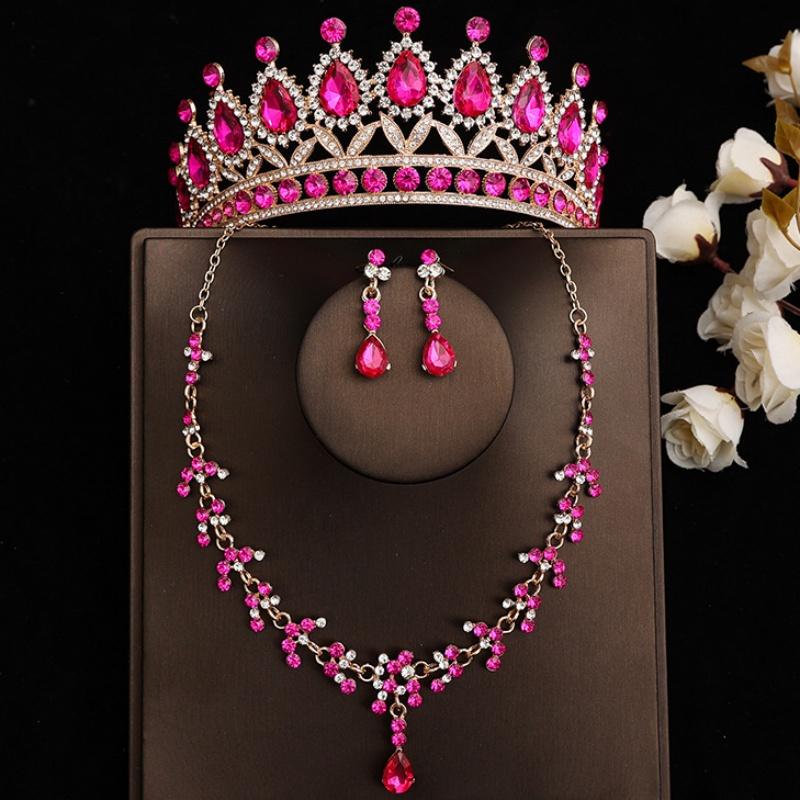 DIEZI Princess Bridal Rose Red Crystal Crown Tiara Women Girls Wedding Party Rhinestone Tiaras Necklace Earrings Jewelry Sets