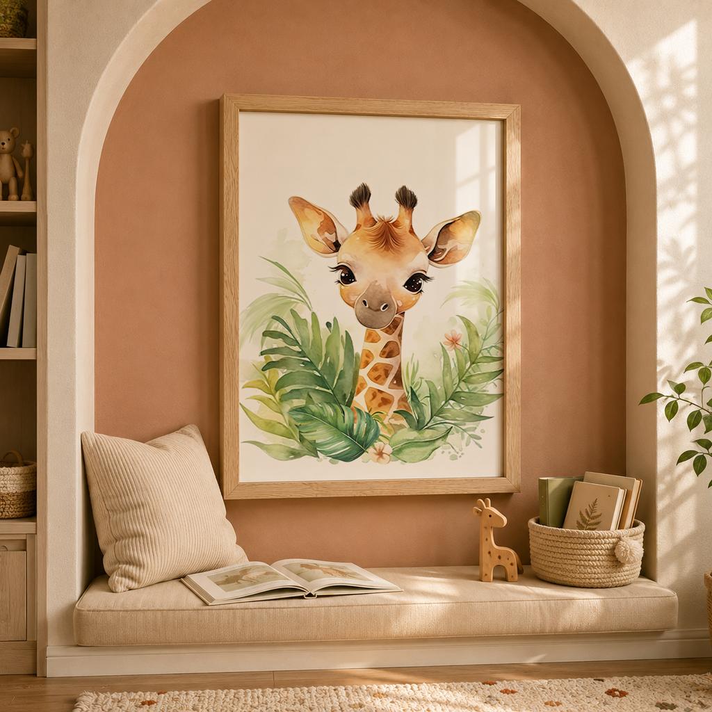 Nursery Plant Wall Art, Cute Giraffe Elephant Zebra Safari Canvas Painting, Animal Poster Print for Baby Kids Bedroom Decor