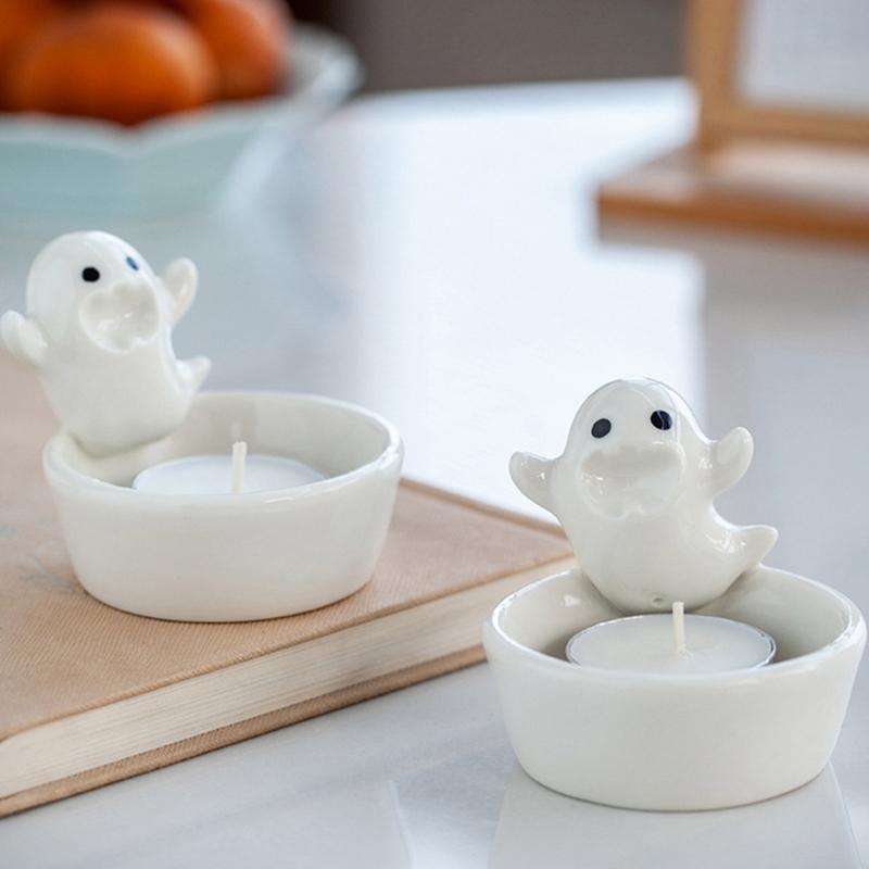 Ceramics Cartoon White Ghostly Figurine Candle Holders Halloween Tealight Holders Candlestick Table Decors for Festivals