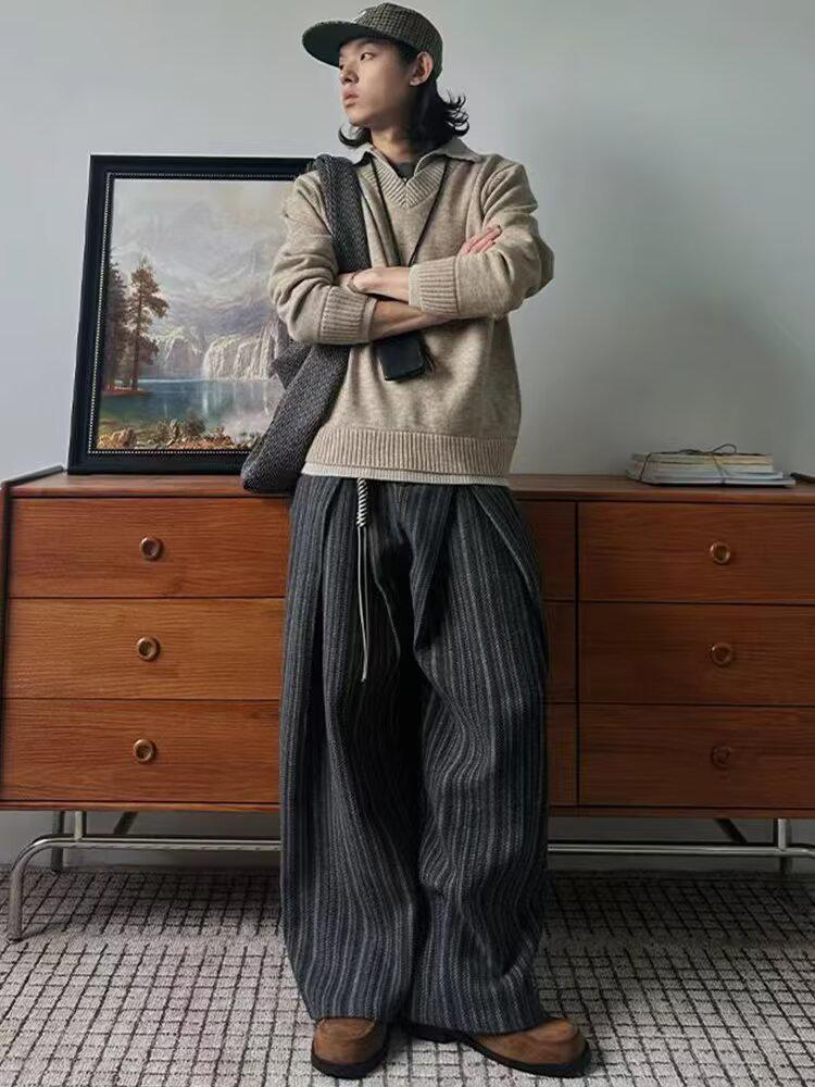 2026 Trend Striped Wool Pleated Casual Pants - Versatile, Simple, Lazy Style