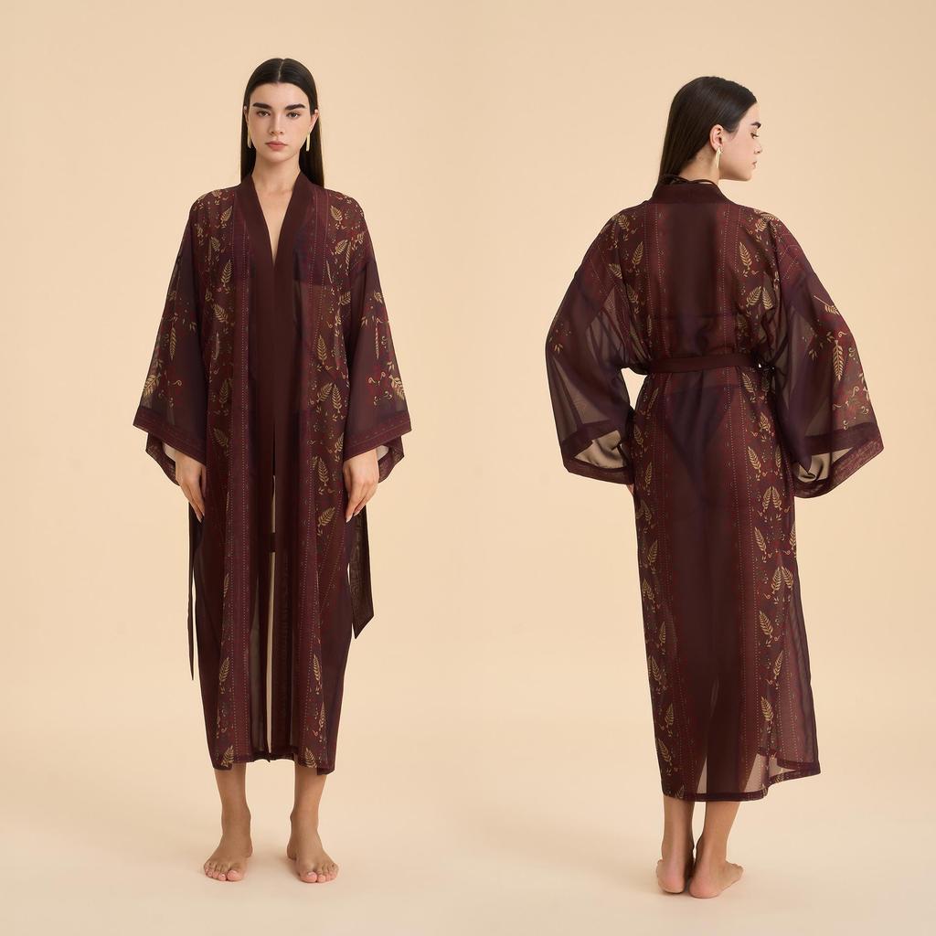 Women's Satin Chiffon Printed Robe - European & American Style Pajamas, Loose Comfortable Long Home Wear (WP3955)