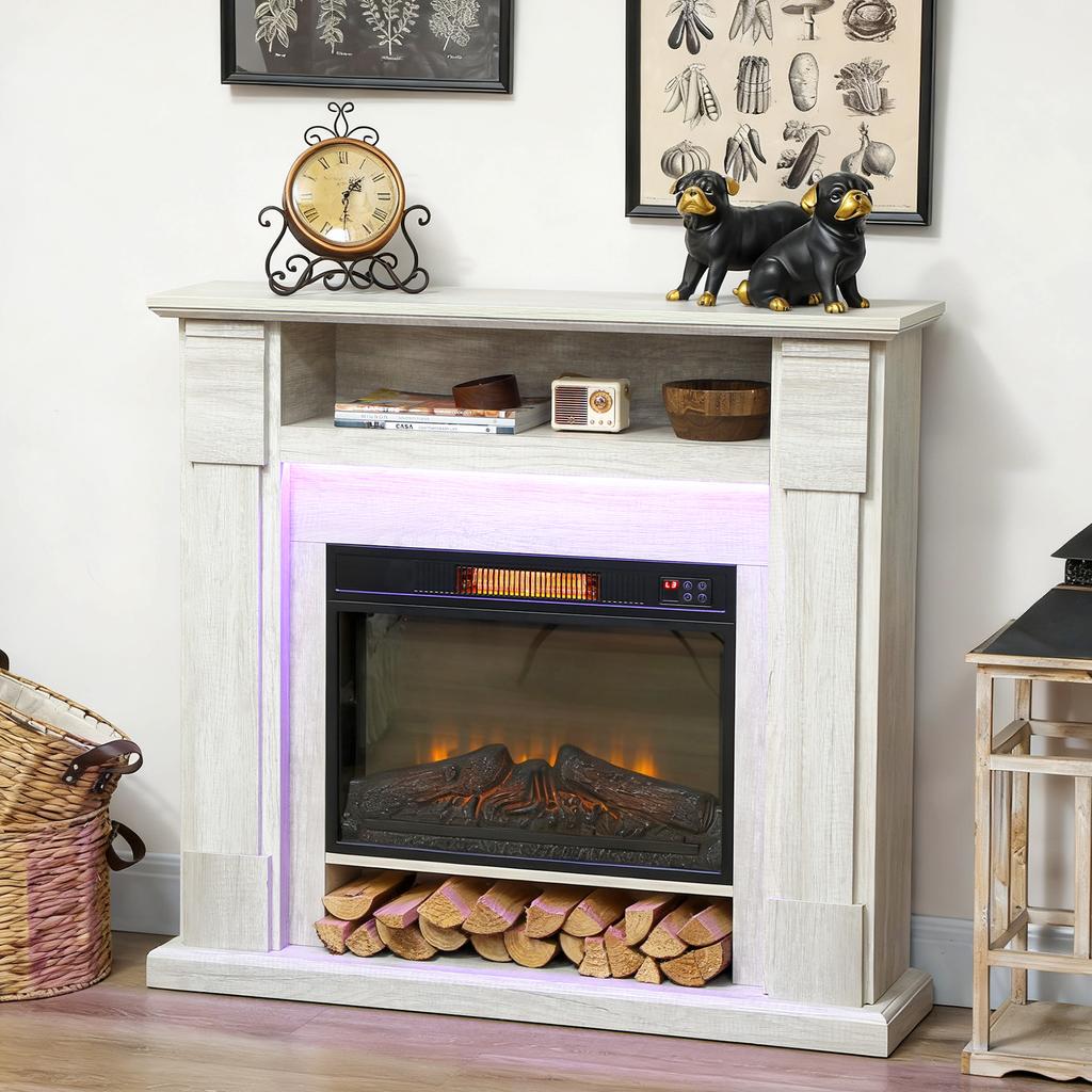 Electric Fireplace 1800W Adjustable with 3D Flame, Shelf, Timer and Remote Control, 105x27x97 cm, Wood color