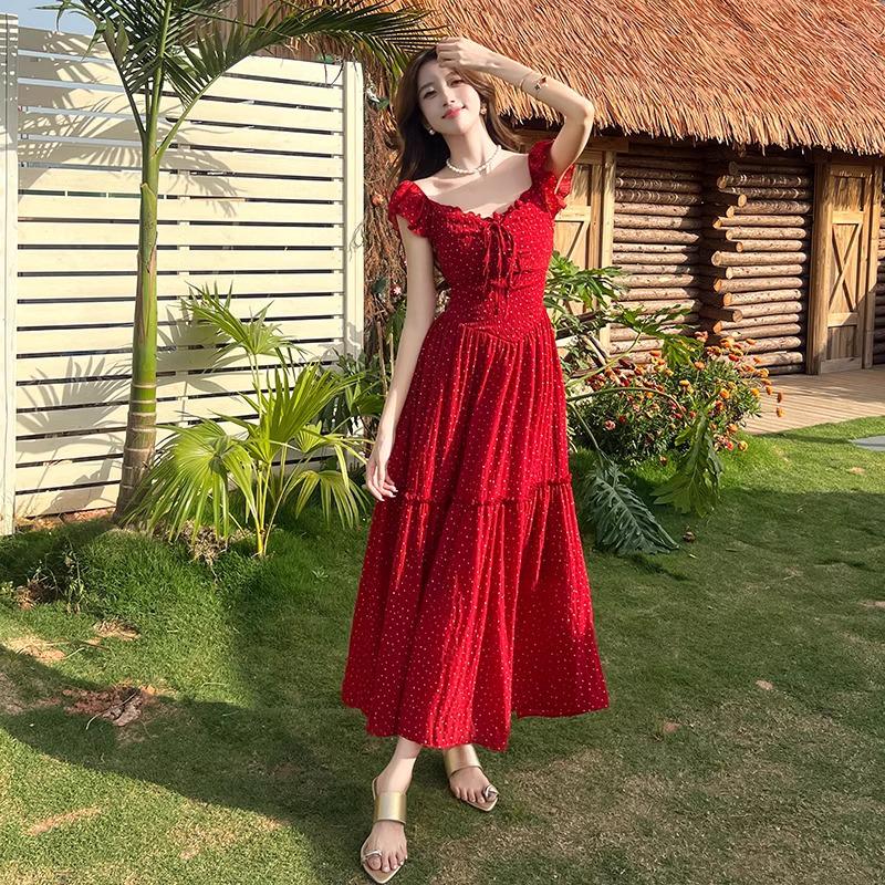 French Retro Red Polka Dot Slimming Summer Dress for Women - Waist-Cinched, Resort Style, Long Design