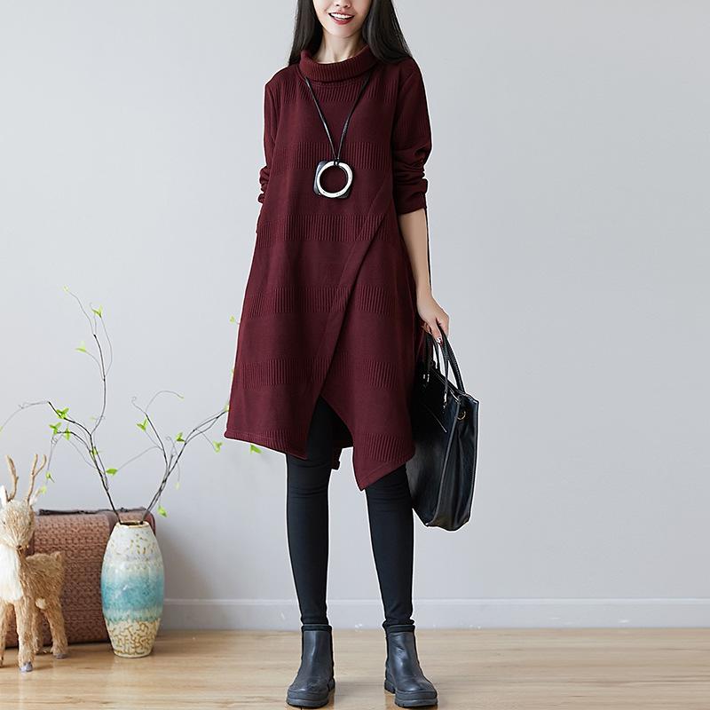 Women's Turtleneck Long Sleeve Midi Dress Loose Fit Loose Waist Vintage Asymmetric Hem Knit Dress Plus Size Warm Lined Casual Tunic Dress
