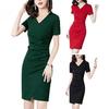 Dámské nařasené bodycon šaty s krátkým rukávem, výstřihem do V, slim fit tužkové šaty, ležérní s vysokým pasem, denní šaty