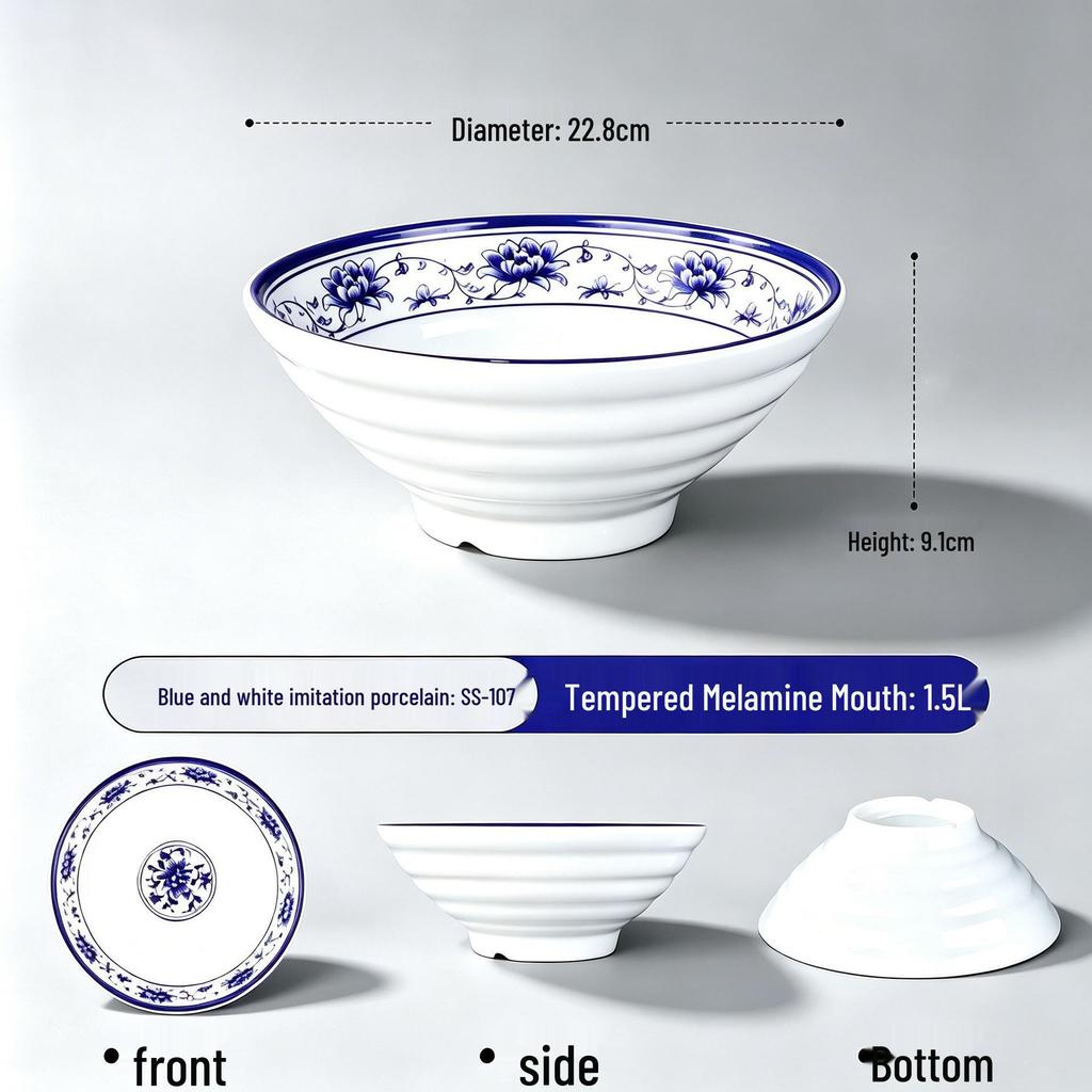 Blue and White Melamine Porcelain Bowl - Retro Restaurant Style for Noodles, Soup, or Ramen