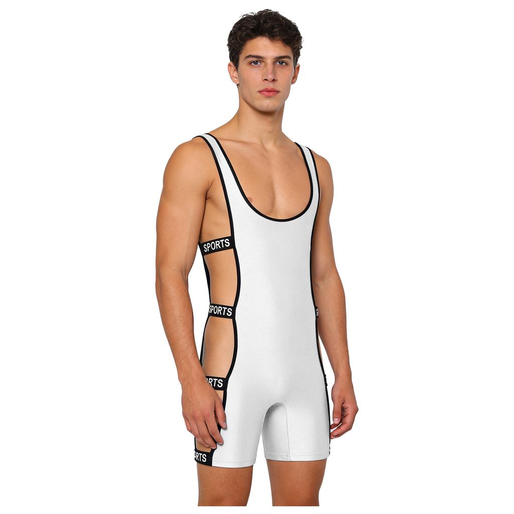 Men‘s Shiny One Piece Swim Bodysuit S-3XL Low Cut Neck Strappy Side Open Elastic Waistband Boxer Bottom for Bodybuilding Pool Training