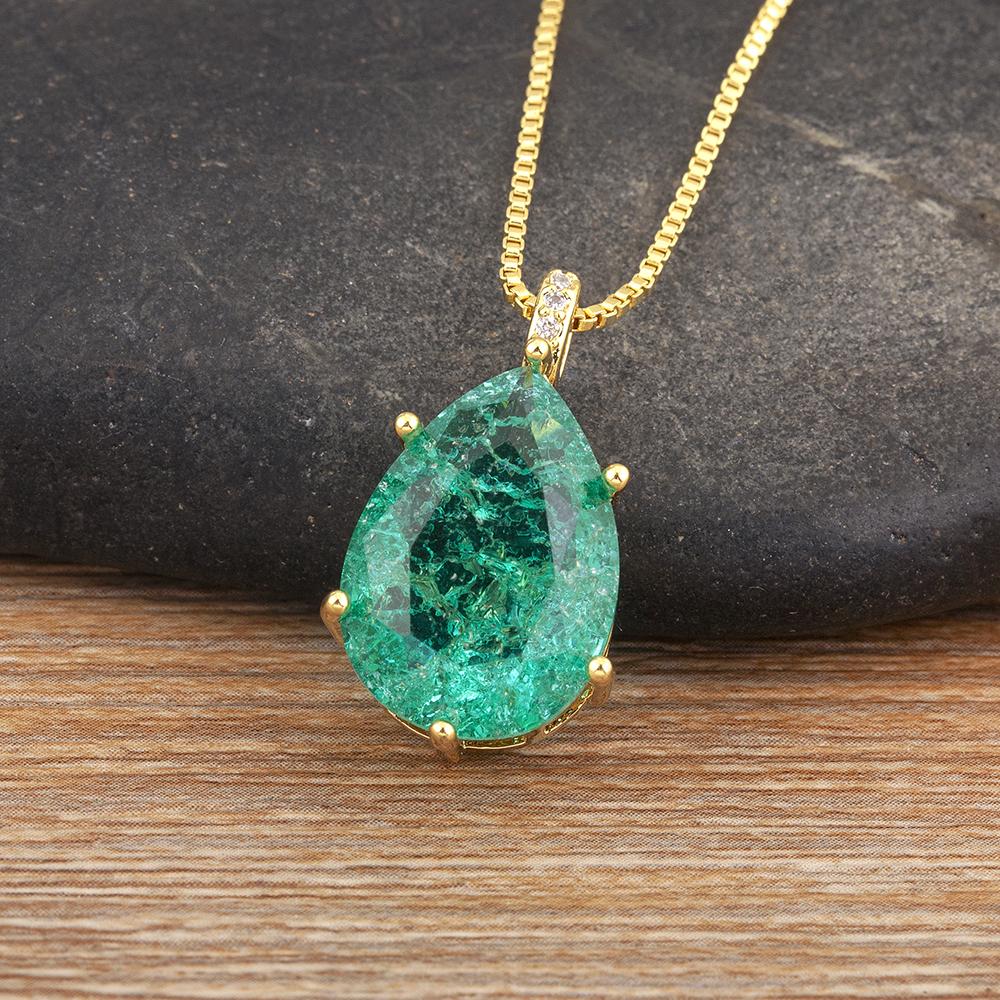 Nidin Classic New Design Waterdrop Shape Zircon Charm Pendant Necklace For Women Clavicle Chain Accessories Wedding Party Gifts зелёный