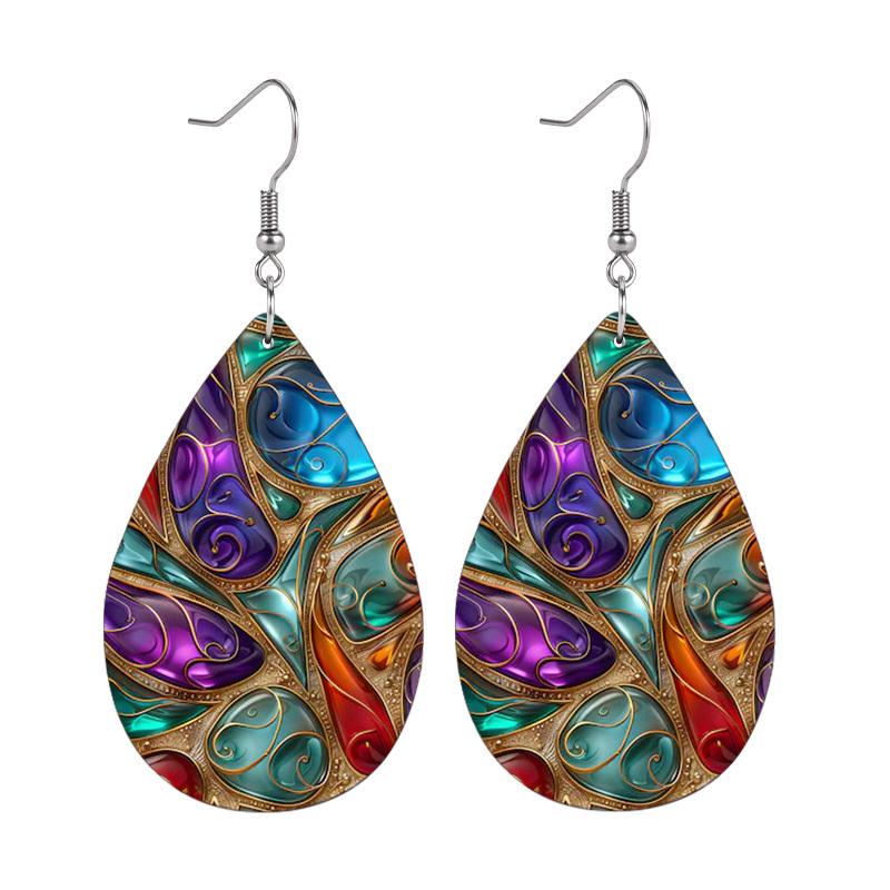 Chic Boho Palace Style PU Drop Dangle Earrings for Women, Vintage Floral with Geometric Double Sided Hoop Earring, Women's Fashion Drape Earrings