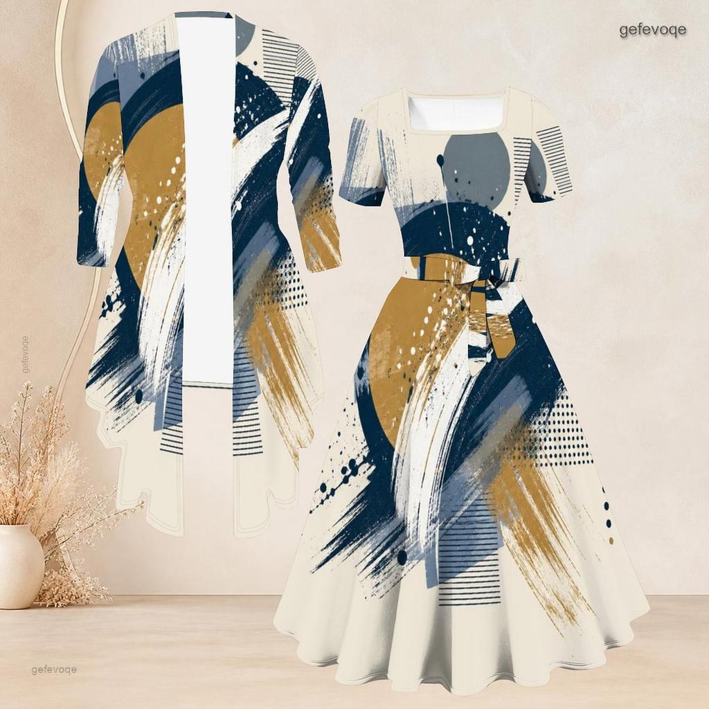 Women Plus Size Abstract Printed Two Piece Set Long Sleeve Cardigan Square Neck Short Sleeve Tie Waist Flared Dress