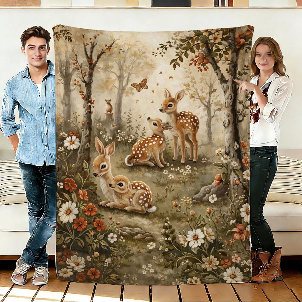 Deer and Forest Flannel Blanket Soft Cozy Throws Napping Travel Use
