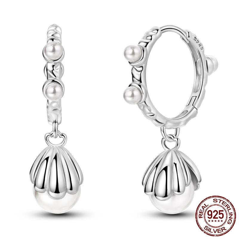 Luminous Shell Women Earrings Original 925 Sterling Silver Pave CZ Star Moon Hoop Earrings Engagement Wedding Jewelry