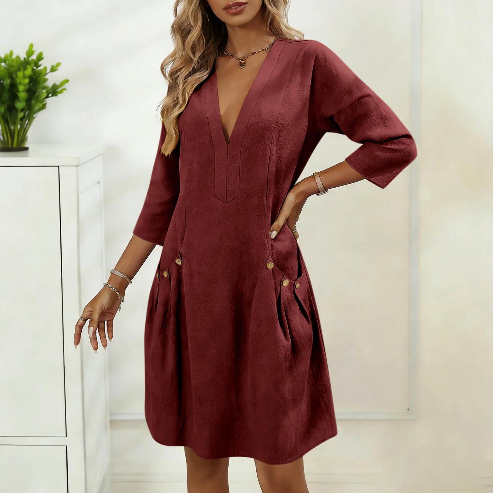 

Women’s Casual V Neck Button Front Cotton Linen Dress with Pockets and Three Quarter Sleeves for Everyday Wear L винный