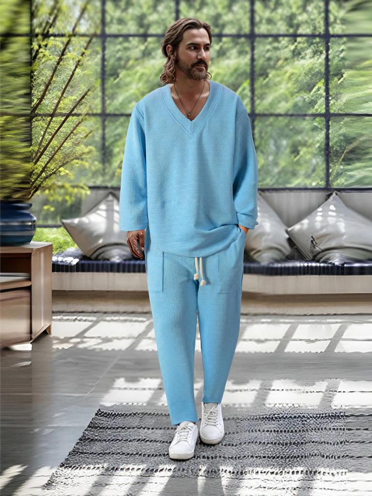 2026 Men's V-neck Casual Sports Suit: Spring/Autumn Loose Long Sleeve & Pants Set