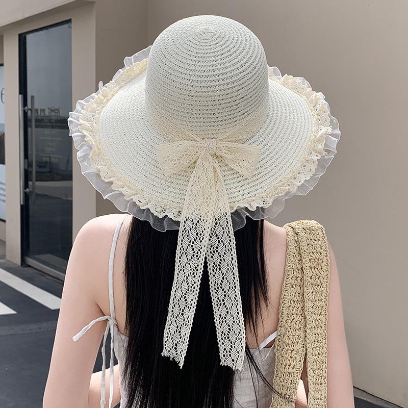 Summer Bow Sun Hat Female, Seaside Beach Vacation Sun Hat Outdoor Big Brim Sun Hat Sweet Straw Hat