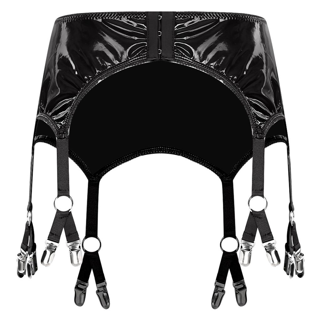 Womens Glossy PU Garter Belt Showing Butt Suspender Straps Metal Clips Extra Miniskirt Waist Belt