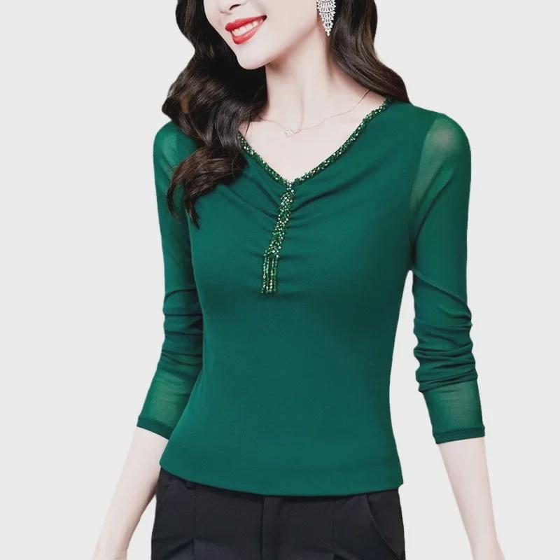 Autumn 2023 V-Neck Waist-Slimming Beaded Mesh Top for Women