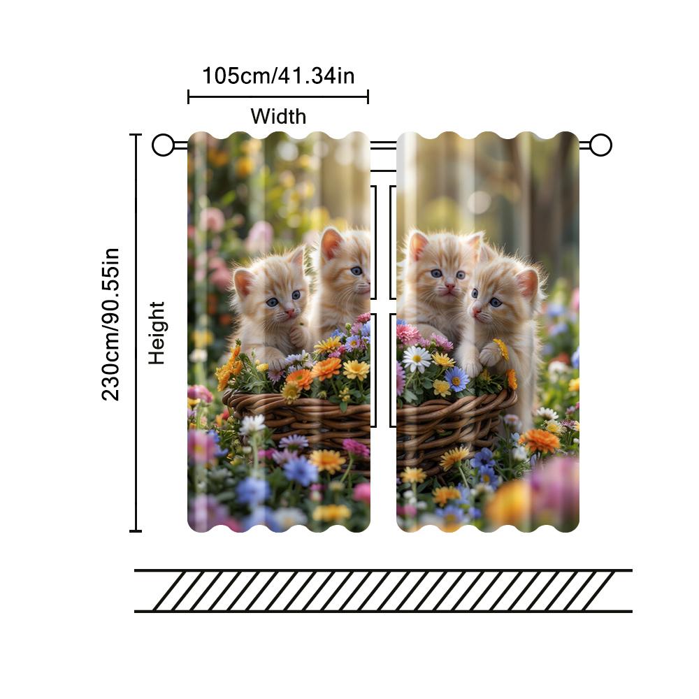 2 pcs, filtering curtains (excluding rods, non-movable, without batteries) Cat Pattern for use in bedrooms and living rooms