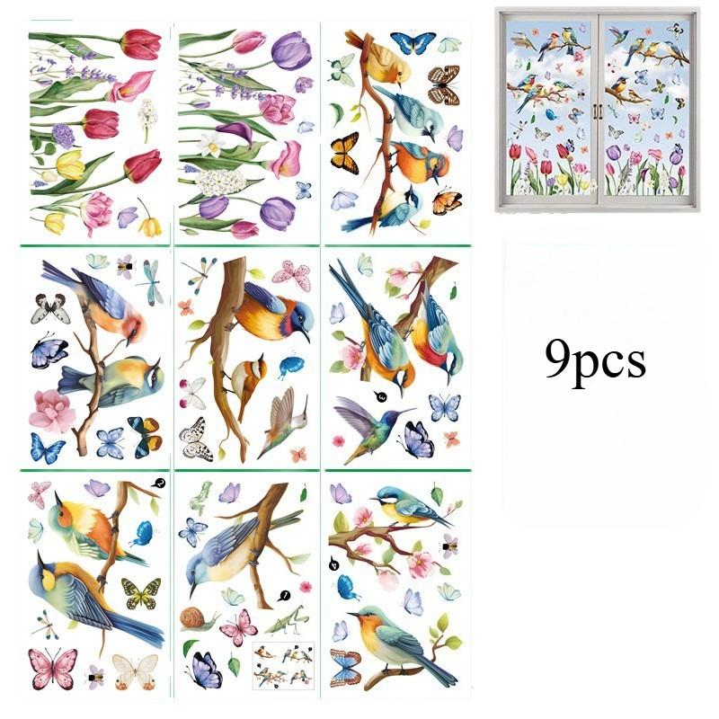 

9 Sheets Spring Summer Cartoon Butterfly Tulip Floral Party Decorations Window Static Stickers DIY Glass Clings Backdrops Decals