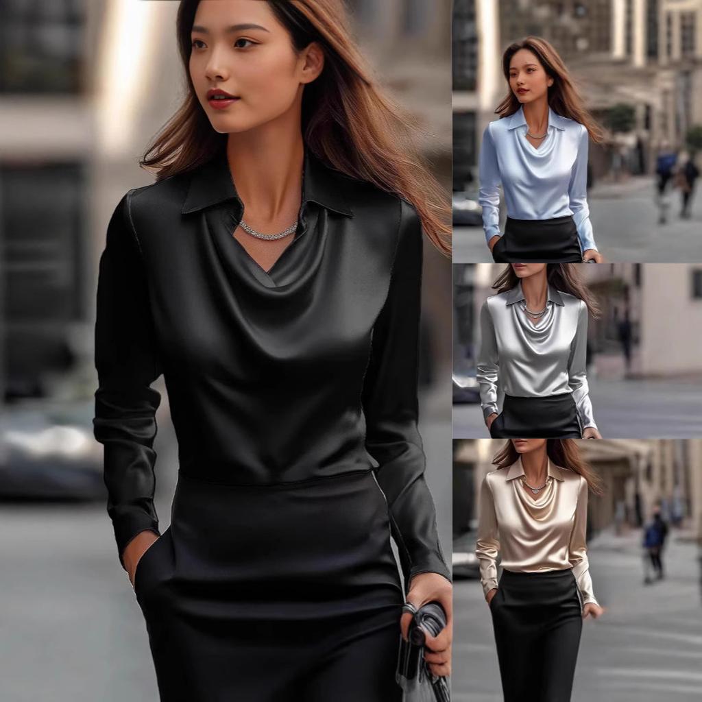 Ladies Spring Autumn Casual Lapel Long Sleeve Solid Color Satin Pullover T Shirt Top
