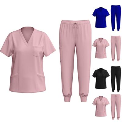 Women's Uniforms Quick Dry Fabrics V-Neck With Pockets Short Sleeves Long Pants Solid Color Workwear Suit