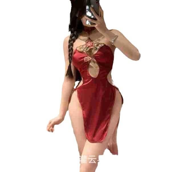 Sexy Water drop high waist split red hollow uniform neck New Year's sexy cheongsam sexy underwear set