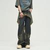 Herren Retro Wide-Leg Jeans mit Pentagramm-Design, Distressed-Waschung, Rohkanten und großen Taschen