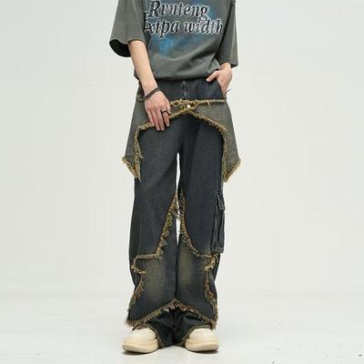 Pánské retro džíny se širokými nohavicemi a designem Pentagram, Distressed Wash, Raw Edges a velkými kapsami