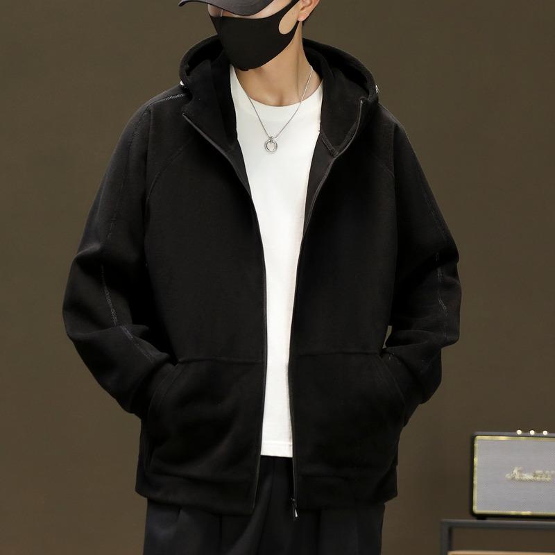 Autumn and Winter Polar Fleece Hooded Cardigan Sweatshirt Solid Color Simple Men's Zipper Jacket Top