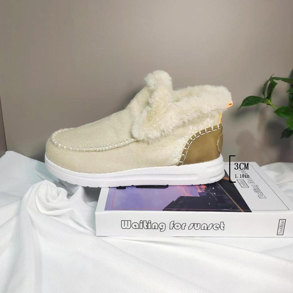 Women's Cross-Border Autumn/Winter Flat Shoes with Plush Fur Trim and Velvet Lining