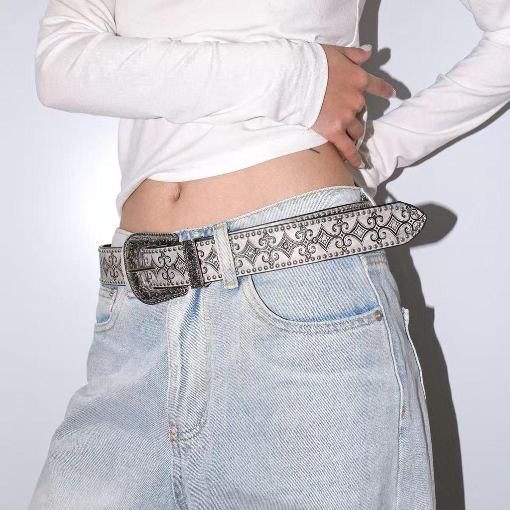 Retro Rivet Embossed Leather Belt - Versatile Pin Buckle for Men & Women, Perfect for Jeans & Decorative Wear