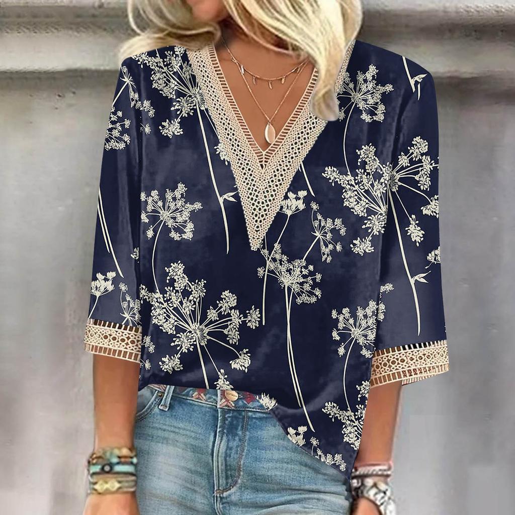 Women's Shirt Blouse Casual Loose Shirts 3/4 Sleeve Lace Trims Print V Neck Tops Print Tops T-shirts Tee