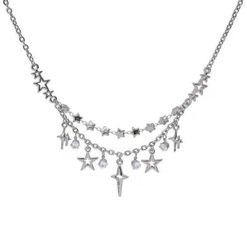Colier de lux cu stea cu zircon pentru damă, cu două straturi - Lant claviculă versatil, la modă