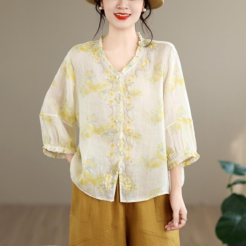 DIMANAF 2026 Summer New Plus Size Women Blouse Shirt Elegant Vintage Print Floral Lady Tops T-Shirt Cotton Clothing