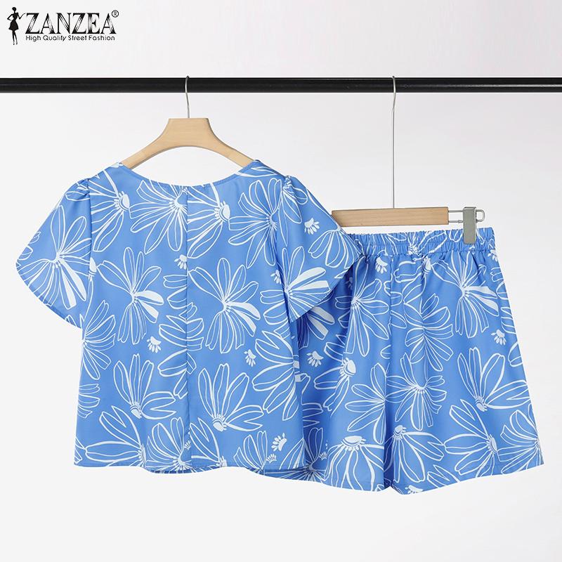 ZANZEA Women Short Sleeve Blouse and Shorts Summer Print Two Piece Suit Sets