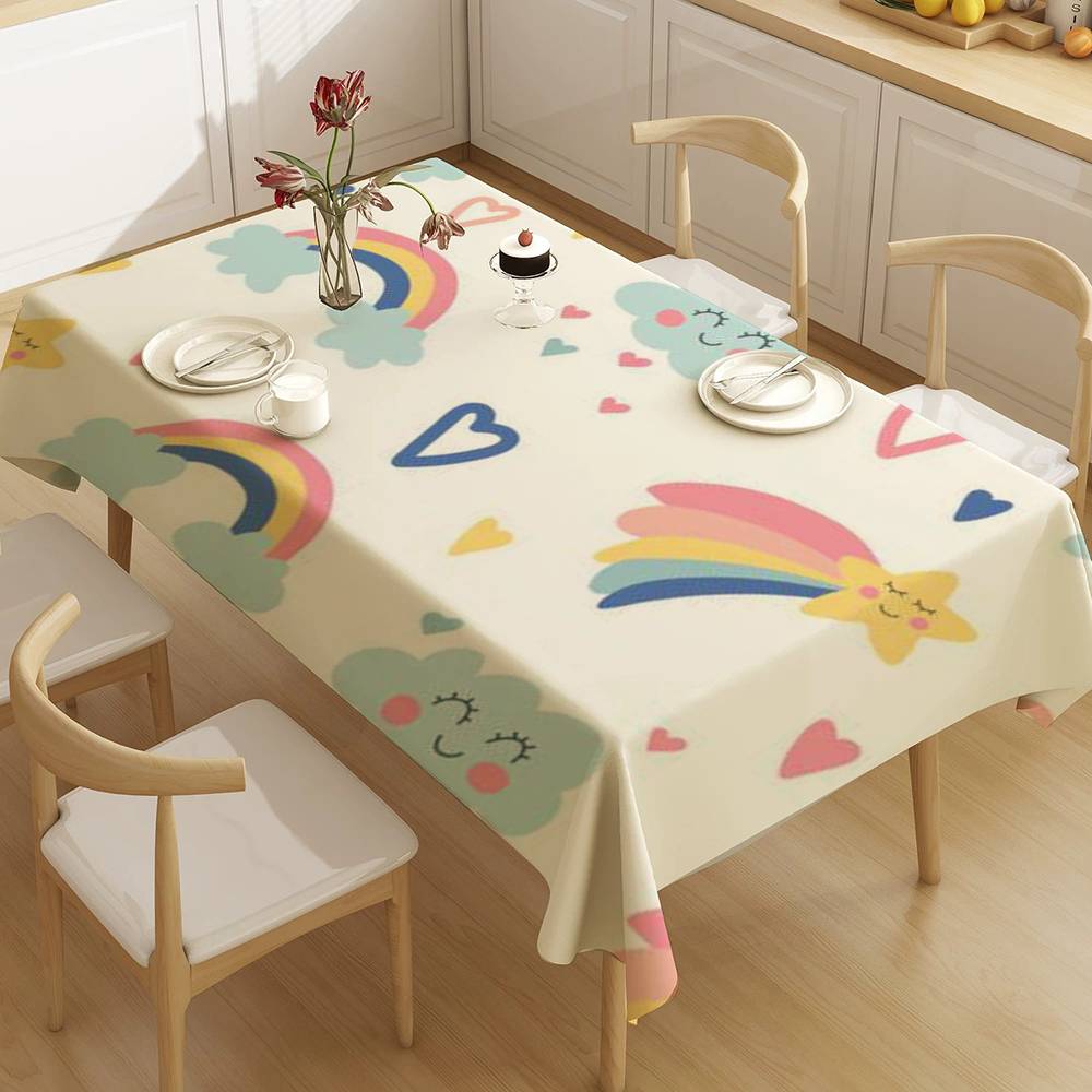 Cloud Rainbow Cartoon Waterproof Rectangle Tablecloth Fiesta Home Decor Dining Room Decor Reusable Table Cover Party Supplies