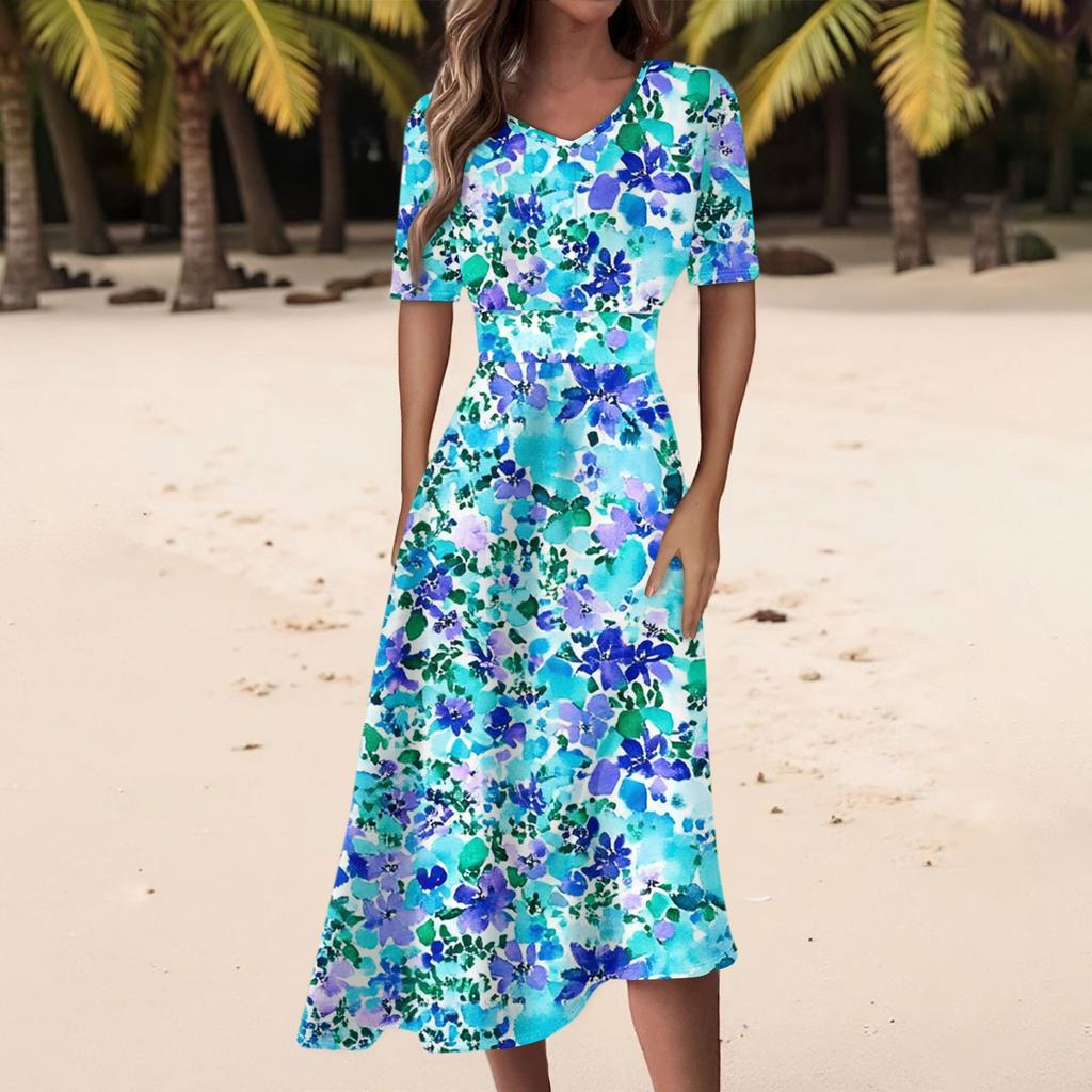 Damen Freizeitmode Kleid mit Blumendruck, V-Ausschnitt, kurzen Ärmeln und taillenlang