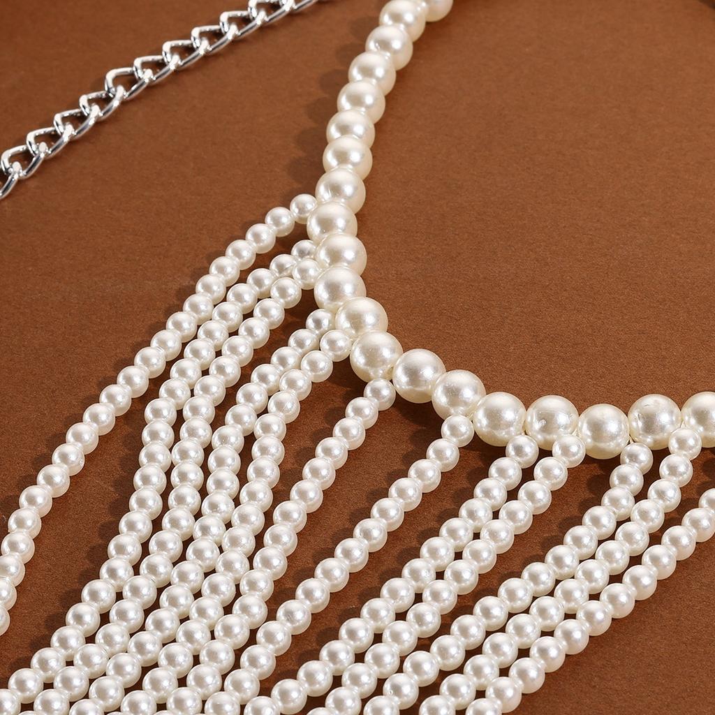 European and American women's multi-layer pearl body chain fashionable personalized beaded chest chain retro hollow body jewelry