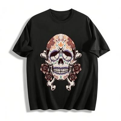 Day of the Dead Painted Skull Print Casual T-Shirt Pure Cotton T-shirt
