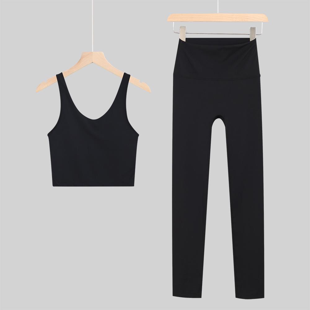 Lulu U-Back Sports Tank & 9-Point Yoga Pants Set with Bare-Feel Push-Up Bra for Women's Fitness