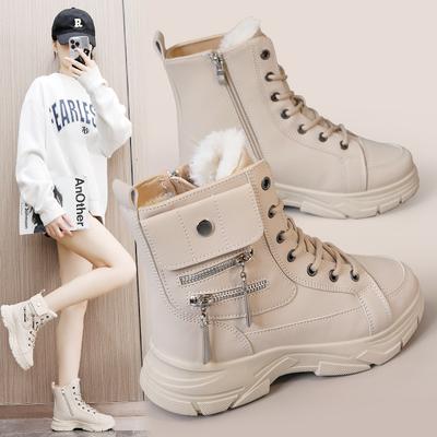 New Autumn and Winter Women's Solid Color Velvet Mid-top Cotton Shoes, Snow Boots Increase the Height and Keep Warm