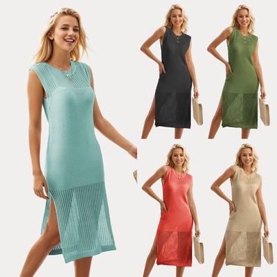 Damen-Badeanzug-Überzug, Häkel-Strickkleider, lang, ärmellos, Rundhalsausschnitt, Bademodenkleid, seitlicher Schlitz, Strand-Midikleid
